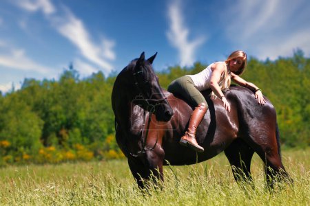 Téléchargez les photos : La photo montre une jeune femme à cheval dans une prairie d'été par une journée ensoleillée d'été. monté sans selle avec seulement une bride, dans la forêt de fond et le ciel bleu. - en image libre de droit