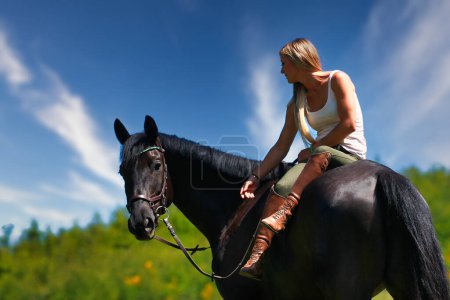 Téléchargez les photos : La photo montre une jeune femme à cheval dans une prairie d'été par une journée ensoleillée d'été. monté sans selle avec seulement une bride, dans la forêt de fond et le ciel bleu. - en image libre de droit