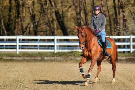 Photo for A young woman rider rides her horse on a riding arena at a trot diagonally. It is sunny and in spring. - Royalty Free Image