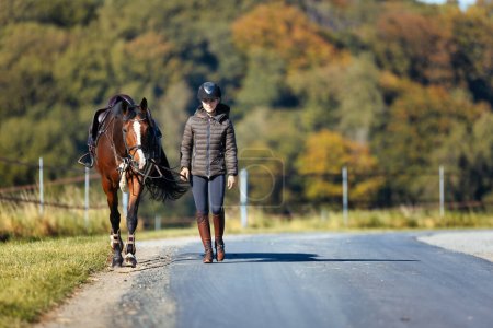Photo for Young woman walks along a path on a sunny autumn day and leads her horse for a ride. Dressed in riding clothes and horse ready saddled. Photo in landscape format with autumn forest in the background. - Royalty Free Image