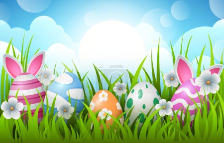 Foto de Happy Easter background with decorated Easter eggs and bunny ears. Traditional colored Easter eggs with green grass, flowers and sky background. - Imagen libre de derechos