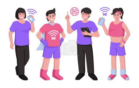 Foto de Personajes de dibujos animados que utilizan tecnología inalámbrica móvil para una conectividad más rápida con teléfonos inteligentes e ilustración de vectores de tabletas. Concepto de tecnología de red inalámbrica 5G. - Imagen libre de derechos