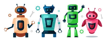 Foto de Conjunto de robots lindos, chatbots, AI bots vector de diseño de personajes. Tecnología de IA y personajes cibernéticos. Servicio de tecnología futurista y concepto de inteligencia artificial de comunicación. - Imagen libre de derechos