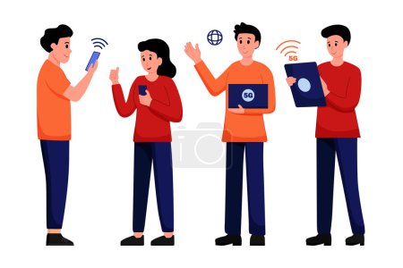 Foto de Personajes de dibujos animados que utilizan tecnología inalámbrica móvil para una conectividad más rápida con ilustración vectorial de teléfonos inteligentes y tabletas. Concepto de tecnología de red inalámbrica 5G. - Imagen libre de derechos
