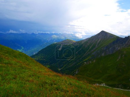 View on mountains near ski resort Serfaus Fiss Ladis on a summer day,mountains, sky, clouds.  Alps, Austria. 