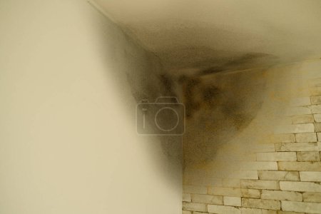 Photo for Corner of room, dilapidated walls and wet ceiling, gray mold on plaster, concept destruction of buildings from dampness, neighbors flooded roof leaks, Low Income Neighborhoods, emergency housing - Royalty Free Image