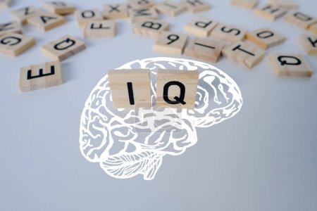 silhouette of brain, word IQ, wooden letters, intelligence quotient on wooden background, quantitative indicator expressing success, concept of concept of level of mind, intellectual achievements