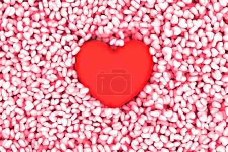 Téléchargez les photos : Modèle de coeur de volume rouge réside dans la dispersion de petits coeurs, pilules, illustration 3D, Saint-Valentin, concept de technologie médicale de santé, humanisation des soins intensifs, cardiologie, day medic, espace de copie - en image libre de droit