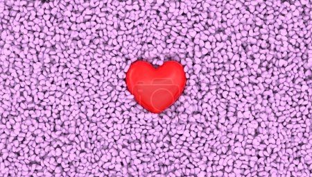 Téléchargez les photos : Modèle de coeur de volume rouge réside dans la dispersion de petits coeurs, pilules, illustration 3D, Saint-Valentin, concept de technologie médicale de santé, humanisation des soins intensifs, cardiologie, day medic, espace de copie - en image libre de droit