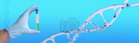 Foto de Estructura del ADN humano, tubo de vidrio transparente con líquido, vacuna en mano científico masculino, antecedentes tecnológicos, concepto de experimento científico, investigación, ácido desoxirribonucleico, moléculas nucleicas - Imagen libre de derechos