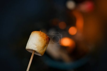 Photo for Burning fire in compact grill, wood logs engulfed in red flames, closeup of fry marshmallows on fire, smoke rises, concept of fun party, happy childhood, family activity, cooking delicacy outdoors - Royalty Free Image