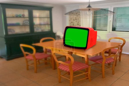 Photo for Footage Dated TV Set with Green Screen Mock Up Chroma Key Template Display, realistic Nostalgic living room with furniture and wardrobe, old retro style Television, selective focus, vintage tv concept - Royalty Free Image