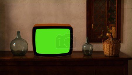 Photo for Footage of Dated TV Set with Green Screen Mock Up Chroma Key Template Display, Nostalgic living room with furniture and old mirror, Chroma Key, retro style Television, vintage evening tv concept - Royalty Free Image