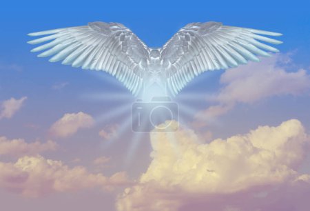 Photo for White angel flies in sky gradient, fluffy clouds, postmortal transition, concept of lightness, elevation, heavenly space, abode of God, natural basis for designer, dream, ascension and meditation - Royalty Free Image