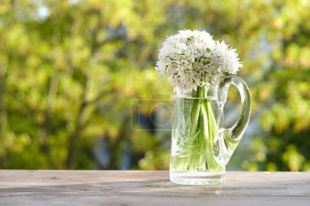 Photo for Bouquet of wild garlic flowers on old wooden table in garden, beautiful blurred natural landscape in background with green foliage and soft sunset transparenting through branches, concept cozy mood - Royalty Free Image