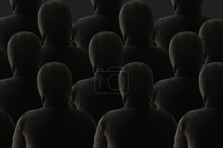 Photo for Crowd of people, back of head and back man in black hood, youth gang, youth movement, concept of informal youth group, massive evil, psychology of human behavior in crowd, look at back of head - Royalty Free Image