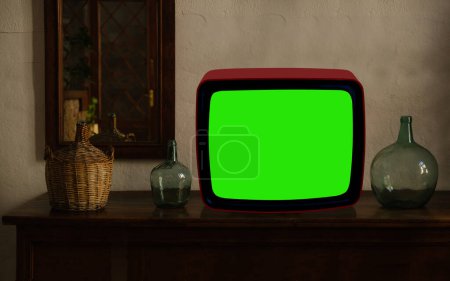 Foto de Imágenes de TV con fecha con pantalla verde Mock Up Chroma Key Template Display, Nostálgica sala de estar con muebles y espejo viejo, Chroma Key, televisión de estilo retro, vintage concepto de televisión por la noche - Imagen libre de derechos