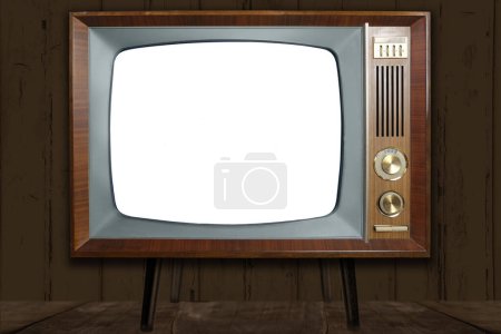 Foto de Viejo televisor analógico retro con pantalla en blanco, 1960-1970, concepto de obsolescencia, modernización o revolución tecnológica, maqueta elegante, plantilla para video, fondo para diseñador con espacio de copia - Imagen libre de derechos