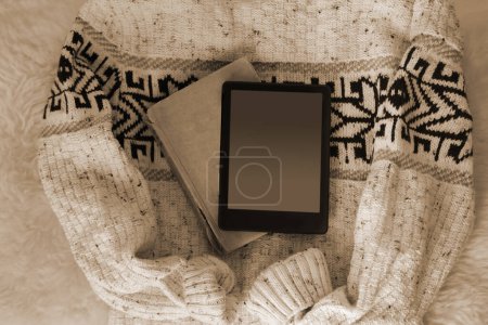 Photo for Old paper book, modern black e-book reader, digital book, tablet computer device for displaying text electronically, empty blank for text, top view, men's style concept, father's day, education - Royalty Free Image