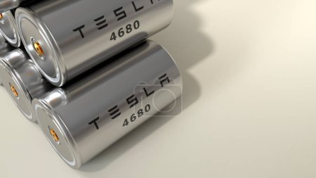Foto de 4680 Paquete de baterías Tesla, producción Acumulador de alta capacidad, celda de mesas, almacenamiento de energía, producción de vehículos eléctricos, electrodo seco de tecnología automotriz de alta tecnología, empresa Elon Musk, renderizado 3d - Imagen libre de derechos
