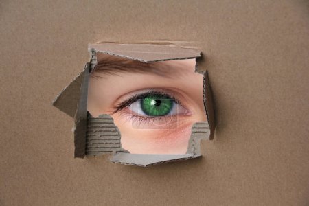 blank cardboard form, craft paper, hole with Human eye, Young woman 20 years looking straight, covertly is following, concept of secrecy, spying, Surveillance System, face Recognition