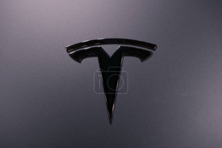 Photo for Closeup chromium-plated Logotype Tesla Motors on silver hood, most popular passenger electric car in world, Elon Musk, Tesla is American company, electric vehicle production, Frankfurt - December 2022 - Royalty Free Image