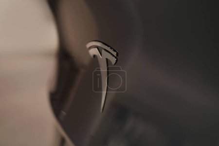 Foto de Logotipo cromado de primer plano, modelo de automóvil Tesla Y en plata líquida apodada Mercury Silver Metallic color, popular vehículo eléctrico de pasajeros, Elon Musk, American company, Frankfurt - 7 de diciembre de 2022 - Imagen libre de derechos