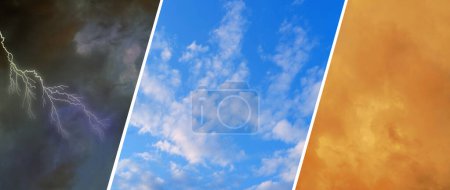 Téléchargez les photos : Ciel bleu flou avec nuages, ciel orageux dramatique avec nuages sombres, éclairs sur le ciel nocturne, vague de chaleur. Concept sur le thème de la météo, collage photo, base naturelle pour concepteur - en image libre de droit