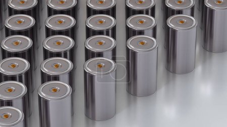 Lithium-Traktion 4680 Akkuzelle für Batteriemodule, Massenproduktion Hochleistungsbatterien, Energie für Elektrofahrzeuge, Trockenelektrode, Entwicklungskonzept für alternative Energien, 3D-Rendering