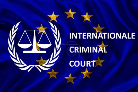Foto de Corte Penal Internacional con logo (ICC), texto sobre fondo azul de la bandera de la UE, diseño de la plantilla del cartel, aniversario Estatuto de Roma - Imagen libre de derechos