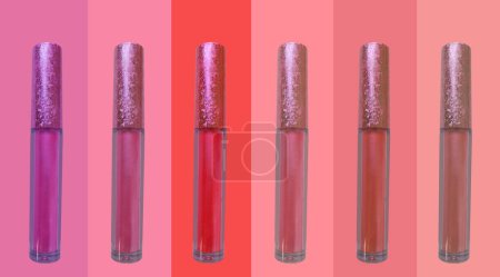 collection of liquid glossy lipstick tube on background, red, raspberry, pink, coral, peach color close-up, concept of decorative cosmetics, Makeup trends, Cosmetic elegance, Beauty industry