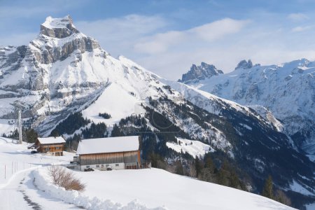 Téléchargez les photos : Beau paysage, arbres enneigés, col de montagne, chutes de neige en montagne, Alpes suisses dans la neige, promenades en forêt blanche d'hiver, tourisme, sports d'hiver - en image libre de droit