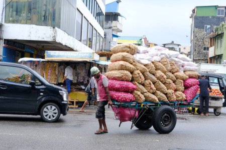 Foto de Conductor de rickshaw de Sri Lanka que transporta numerosos sacos de comestibles sobre tuk-tuk, disparidades económicas y mano de obra de bajos salarios en ciertas regiones, Colombo - 9 de noviembre de 2022 - Imagen libre de derechos