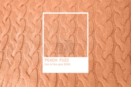 Foto de Beautiful Peach Fuzz patrón de trenza de punto de hilo de lana marrón claro, textura de punto, concepto de cosas cálidas para el clima frío, pasatiempo de punto, costuras, ropa de moda, Frankfurt - 7 de diciembre de 2023 - Imagen libre de derechos