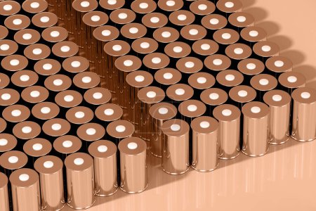 Photo for Pack gold 4680 format cylindrical lithium traction peach battery for modules, high energy cylindrical accumulators, dry electrode, power, energy for electric vehicles, advanced technology, 3d render - Royalty Free Image