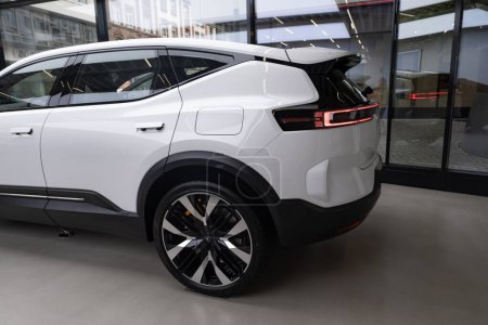 Photo for New white electric crossover Polestar 3 Swedish company Polestar in showroom, trends in use EV in contemporary Europe, technological advancements in automotive industry, Frankfurt - November 9, 2023 - Royalty Free Image