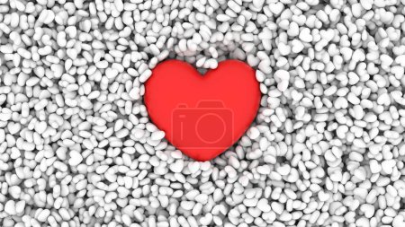 Téléchargez les photos : Red volume heart model lies in scattering of small hearts, pills, 3d illustration, Valentine's Day, concept health medical technology, humanization intensive care, cardiology, day medic, copy space - en image libre de droit