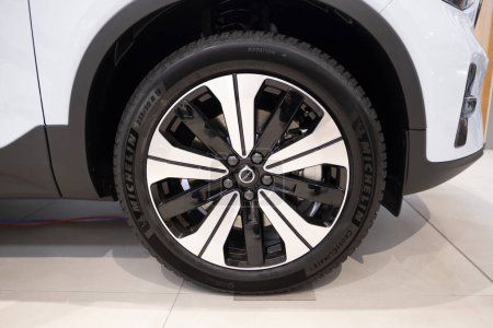 Photo for Closeup wheel, cap of Volvo XC40 Recharge Electric Car, SUV crossover Swedish company Volvo Cars in showroom, EV in Europe, Innovation in automotive industry, Frankfurt, Germany - January 22, 2024 - Royalty Free Image