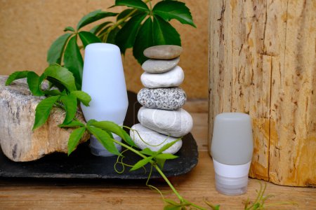 Photo for Round stones arranged in Zen tower pyramid, green plants, wooden elements and stylish bottle with cosmetic product containing create harmonious composition, zen practices, conveying calmness - Royalty Free Image