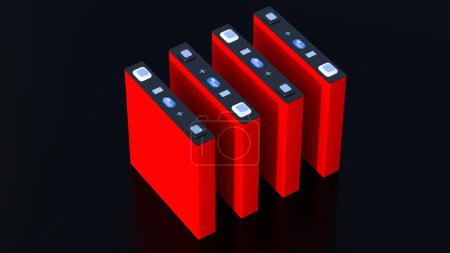 Foto de Célula de LFP prismática roja, batería prismática de NMC para vehículos eléctricos y almacenamiento de energía, renderizado 3d, acumuladores de producción en masa de alta potencia - Imagen libre de derechos