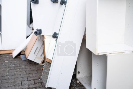 bulky waste, old furniture, tables, used things on street before collected, problem of shredding garbage, disposal bulky refuse, collecting and recycling bulky waste to reduce environmental pollution