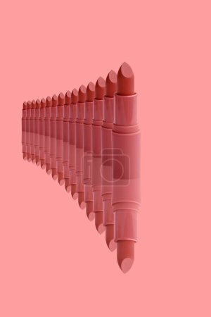 set of matte lipstick on delicate pink isolated background, red, peach color, beauty products close-up, concept of decorative cosmetics, makeup trends, lip care, beauty routine