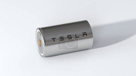 Photo for One Lithium-ion 4680 Tesla battery with logo, one High-capacity accumulator, tables cell, Energy Storage, electric vehicle production, High Tech Automotive Technology, Elon Musk company, 3d render - Royalty Free Image
