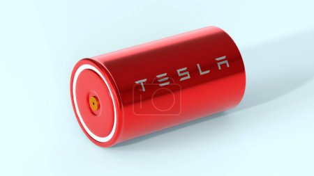 Photo for Lithium-ion red 4680 Tesla battery with logo, one High-capacity accumulator, table cell, Energy Storage, electric vehicle production, High Tech Automotive Technology, Elon Musk company, 3d render - Royalty Free Image