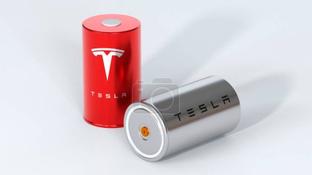 Photo for Two Lithium-ion 4680 Tesla batteries with logo, one High-capacity accumulator, tables cell, Energy Storage, electric vehicle production, High Tech Automotive Technology, Elon Musk company, 3d render - Royalty Free Image