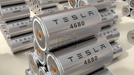 Foto de 4680 Paquete de baterías Tesla, producción Acumulador de alta capacidad, celda de mesas, almacenamiento de energía, producción de vehículos eléctricos, electrodo seco de tecnología automotriz de alta tecnología, empresa Elon Musk, renderizado 3d - Imagen libre de derechos