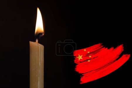 mourning candle burning front of flag China, memory of heroes served country, grief over loss, national unity in challenging times, state's history