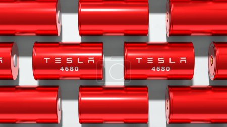 Foto de Batería roja de litio Tesla 4680, módulos de la célula del acumulador de alta capacidad, célula de las tablas, poder más elevado de la producción, vehículos eléctricos de la energía renovable, electrodo seco, conservación del medio ambiente, renderizado 3d - Imagen libre de derechos