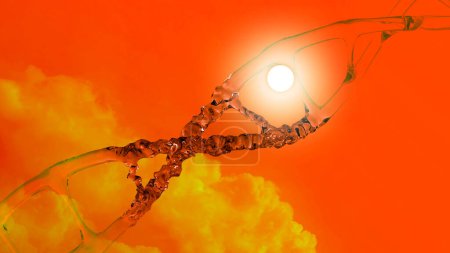 menschliche Dna-Struktur mit zerstörter Glashelix, Desoxyribonukleinsäure auf Sonne und orangefarbenem Wolkenhintergrund, Nukleinsäuremoleküle, Veränderung, Bruch der chemischen Struktur, Sonnenlichtschäden, 3D-Rendering