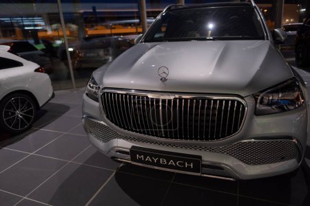 Foto de New electric silver Maybach GLS SUV, car in showroom, EV Mercedes-Benz Group, environmental cleanliness vehicle, Innovation in automotive industry show in Frankfurt, Germany - January 25, 2024 - Imagen libre de derechos